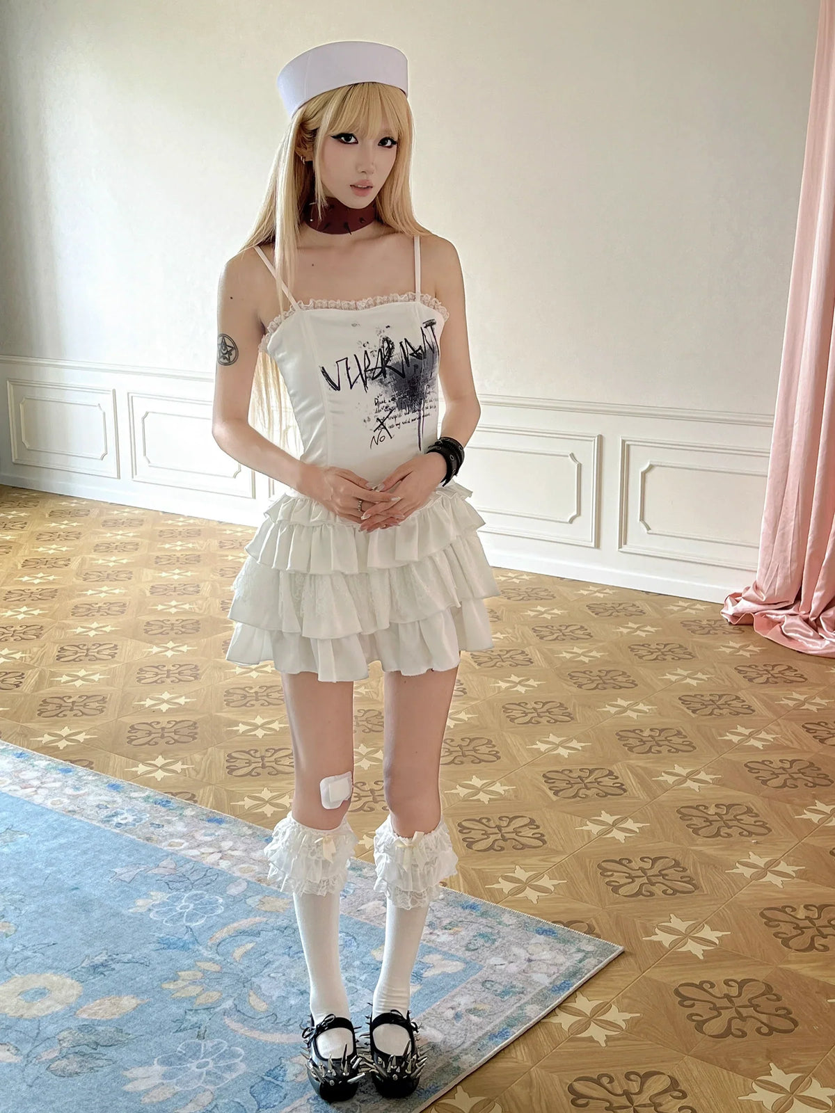 Graffiti Print Satin Lace-Up Ruffled Layered Dress