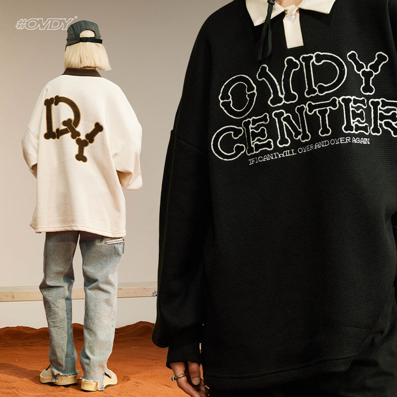 Contrast Waffle Fleece Polo Collar Sweatshirt