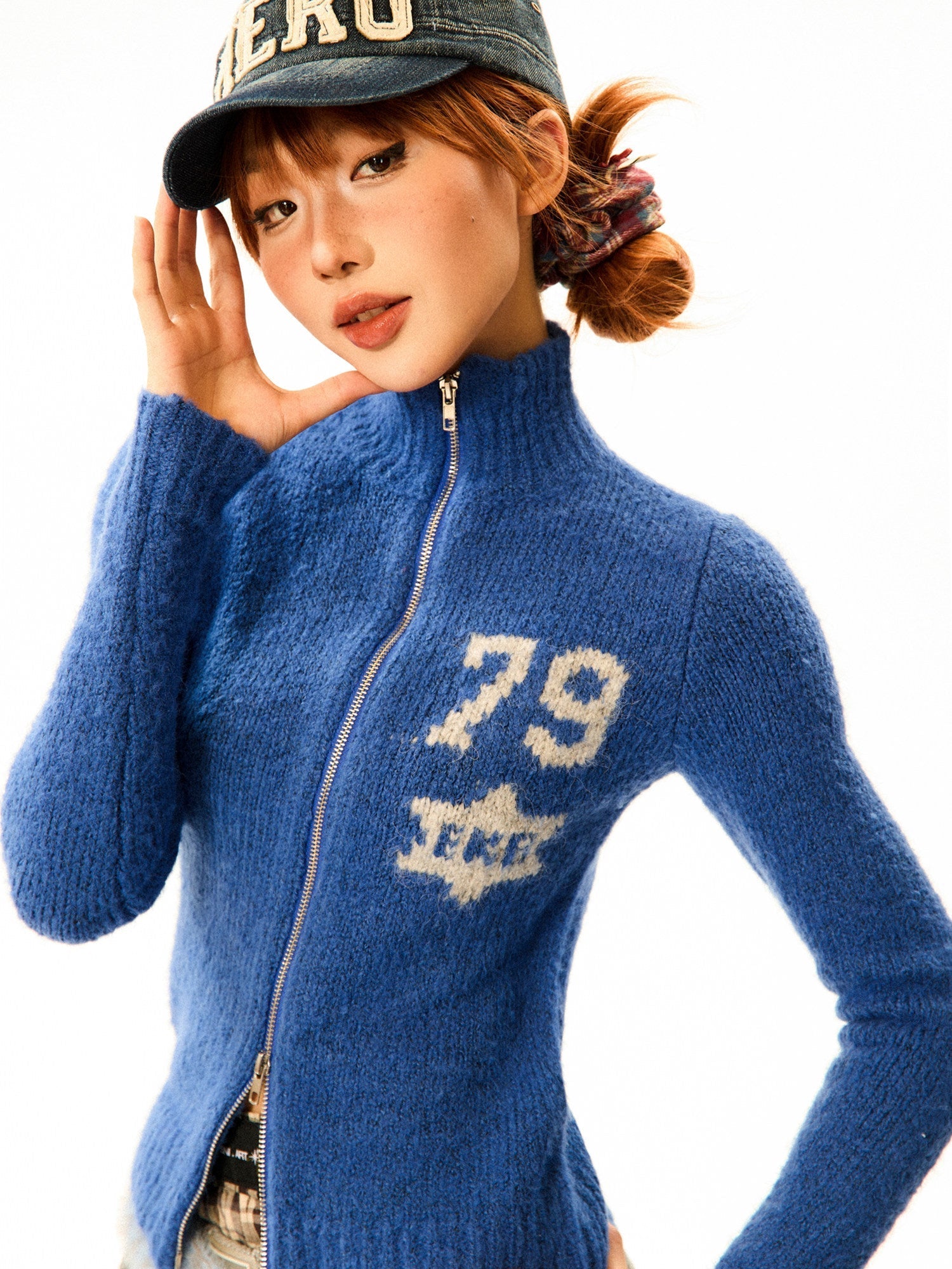 Number Patch Knit Zipper Stand Neck Cardigan