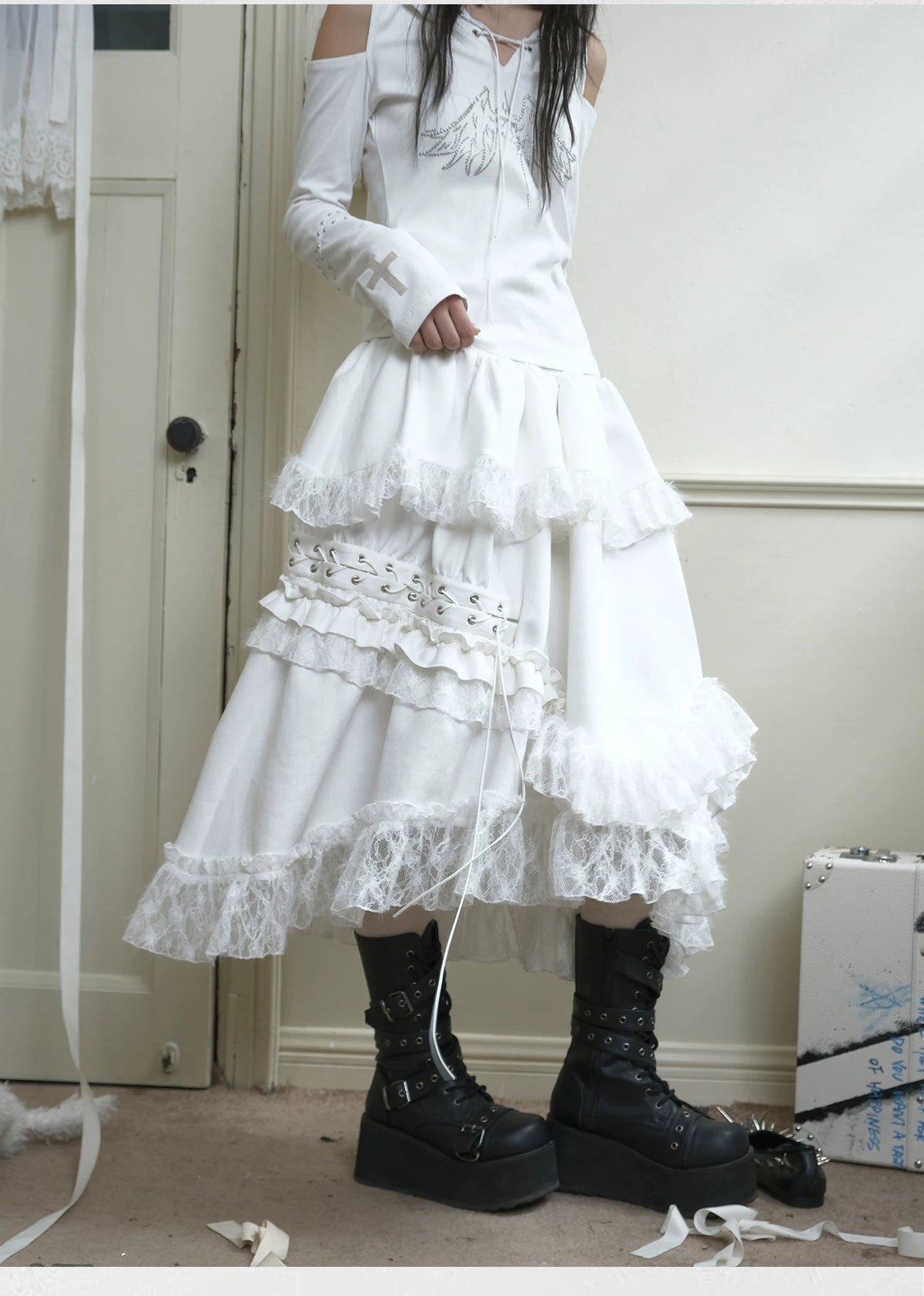 Suede Lace Asymmetrical Tie-Up Layered Long Skirt
