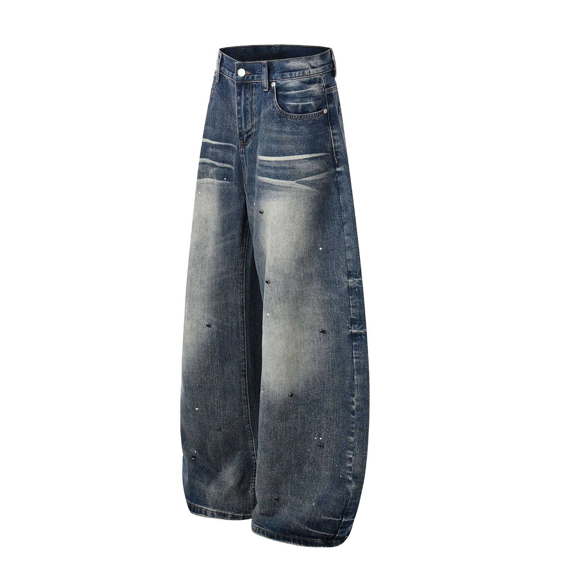 Washed Paint Rhinestone Wide Leg Curved Denim Jeans