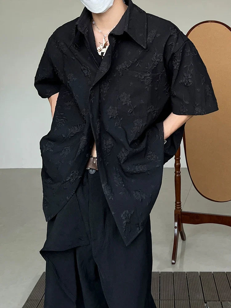 Embroidery Floral Two-Button Jacquard Short Sleeve Shirt