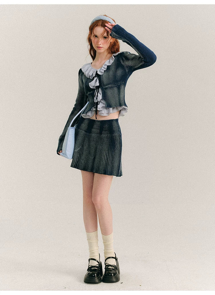 Frill Knit Cardigan & Short Rib Knit Skirt Setup
