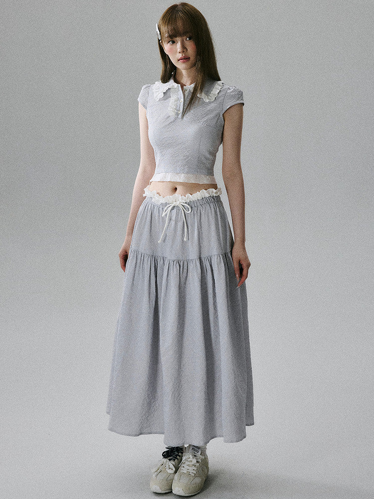 Lace-Trim Short Sleeve Shirt & Drawstring Skirt Setup