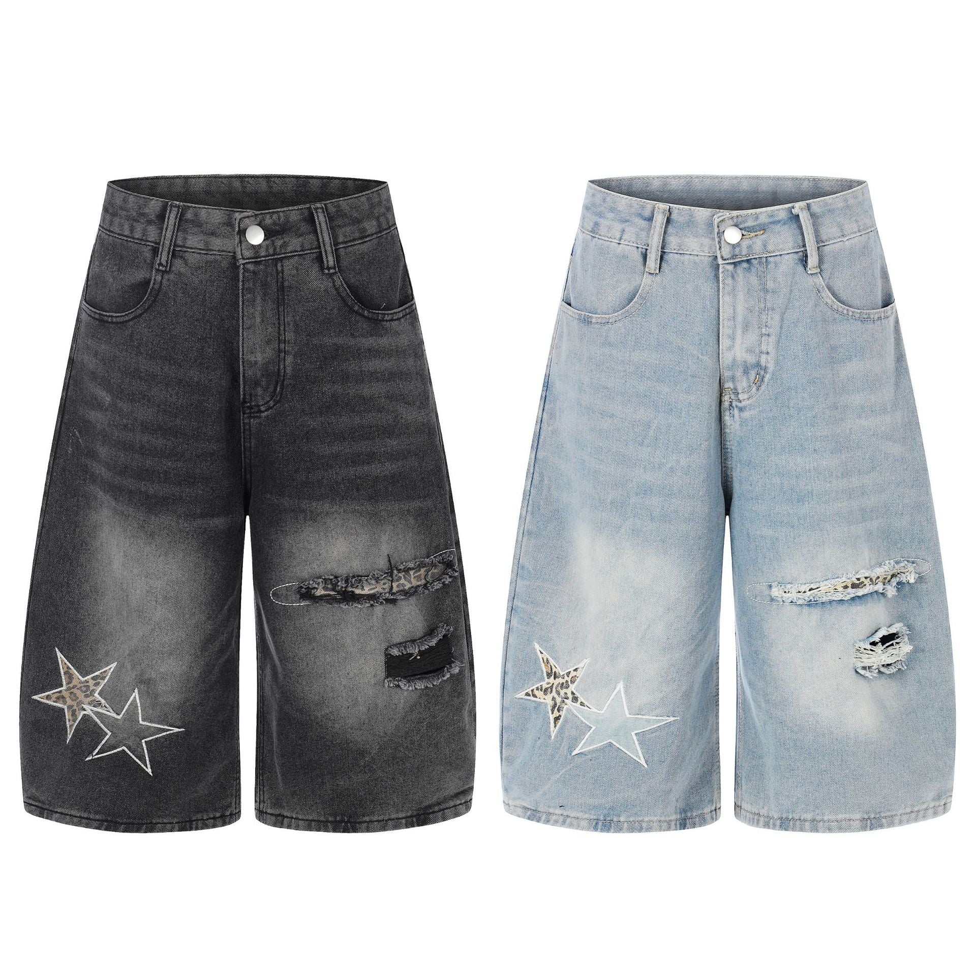 Star Patch Embroidery Curved Denim Jort