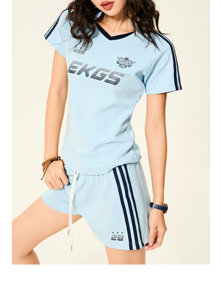 Stripe Letter Print Short Sleeve T-Shirt & Short Pants Setup