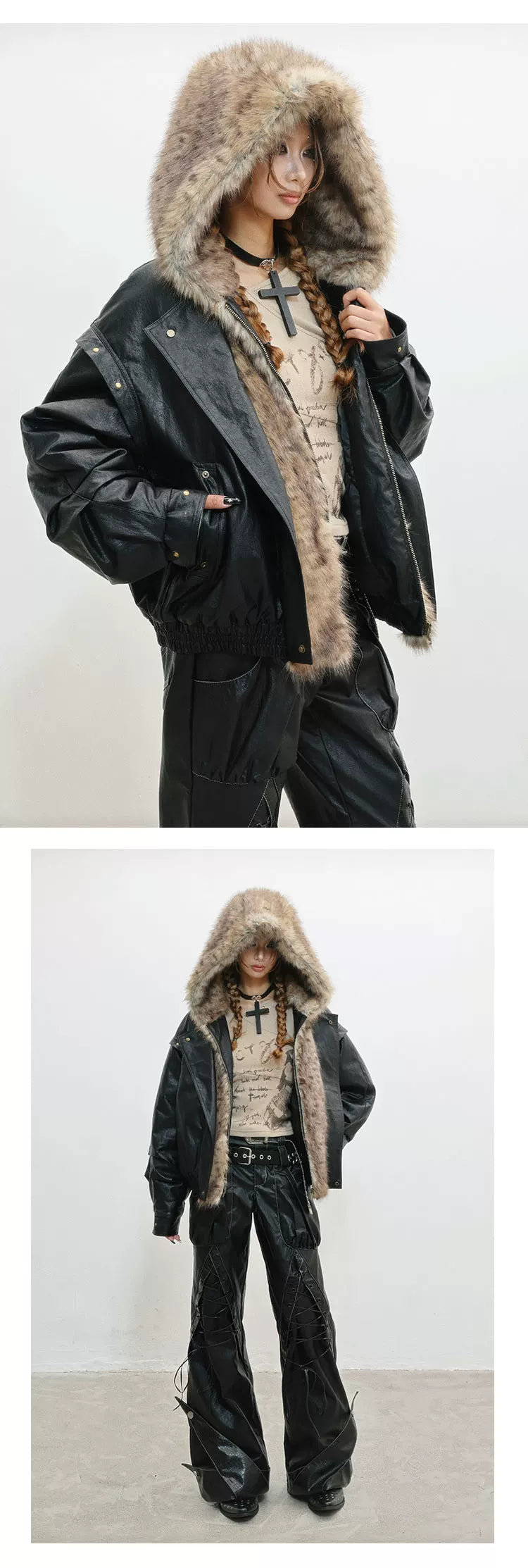 Fur Patchwork Thick PU Leather Jacket