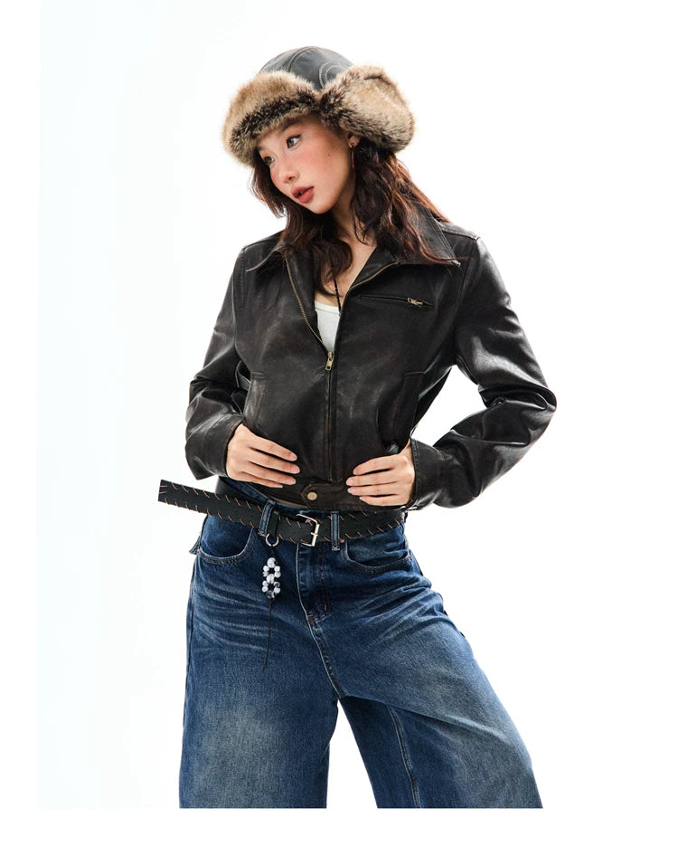 PU Leather Washed Zipper Short Length Jacket