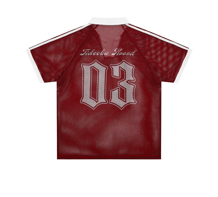Red sports jersey with white lettering on a white background