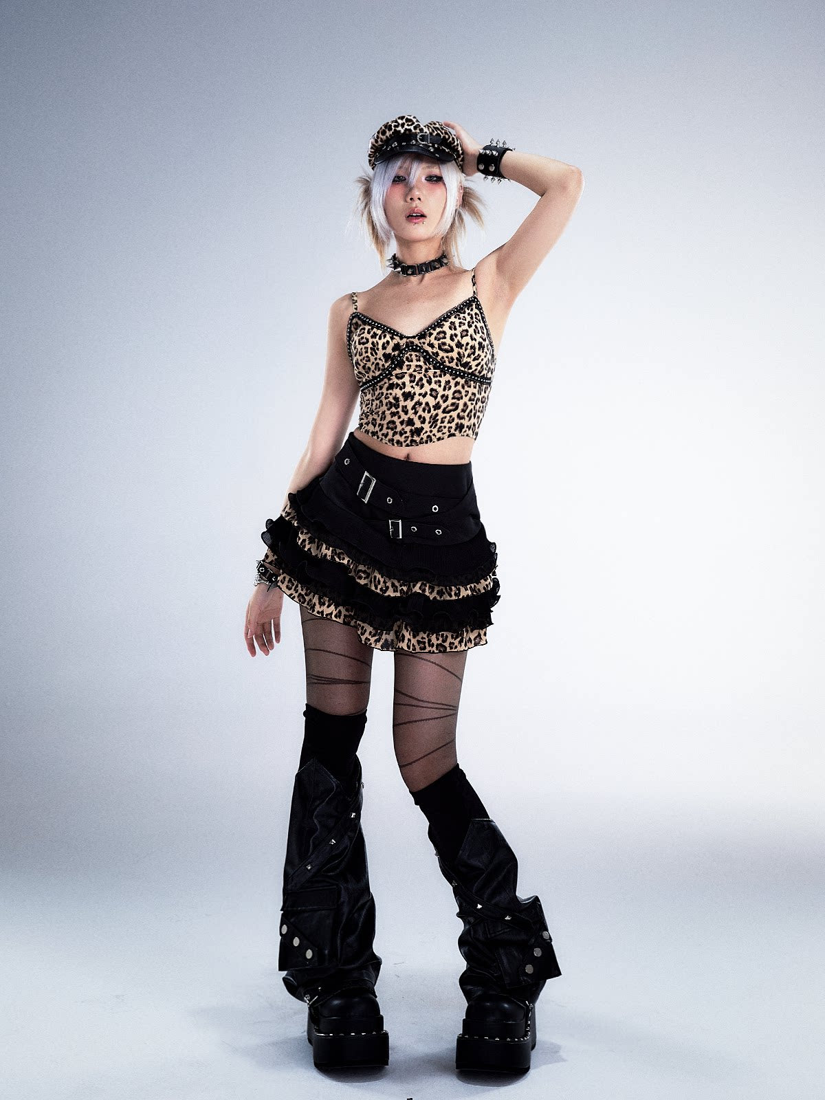 Leopard Patchwork Belted Tiered A-Line Skirt