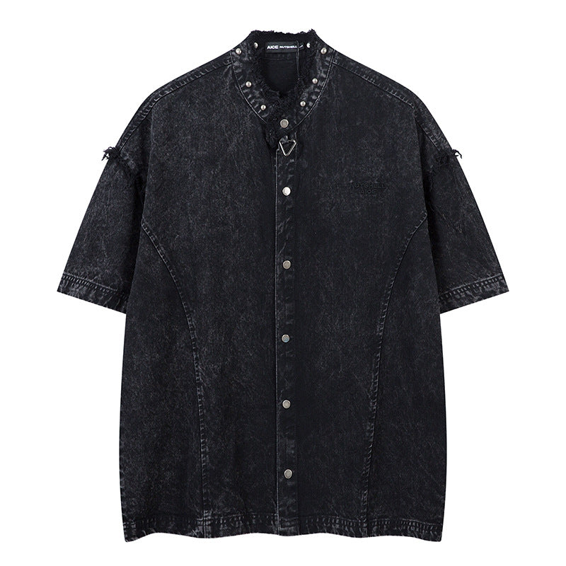 Distressed Short-Sleeved Denim Shirt - MADXMARX