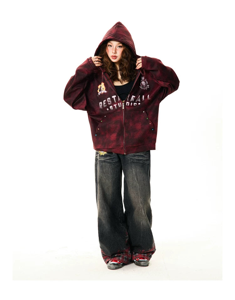 Tie-Dye Letter Print Oversize Zipper Hoodie