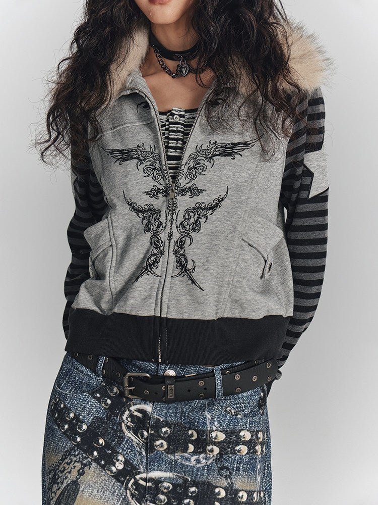 Fur Collar Patchwork Oversize Zipper Hoodie