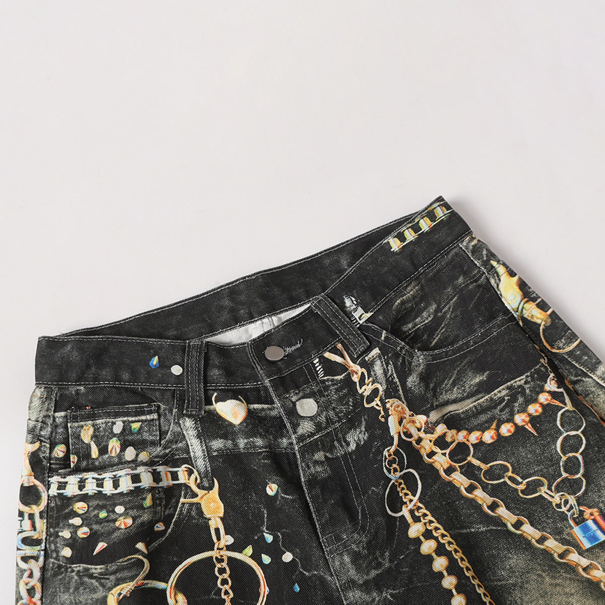 Chain Paint  3D Print Washed Wide Leg Denim Jeans