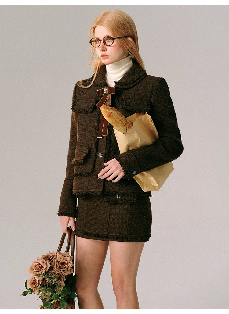 Bow Design Wool Blend Jacket & Short Skirt Setup