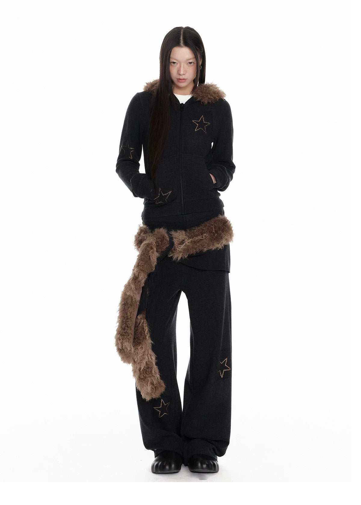 Horn Fur Collar Fuzzy Zipper Hoodie & Wide-Leg Pants Setup