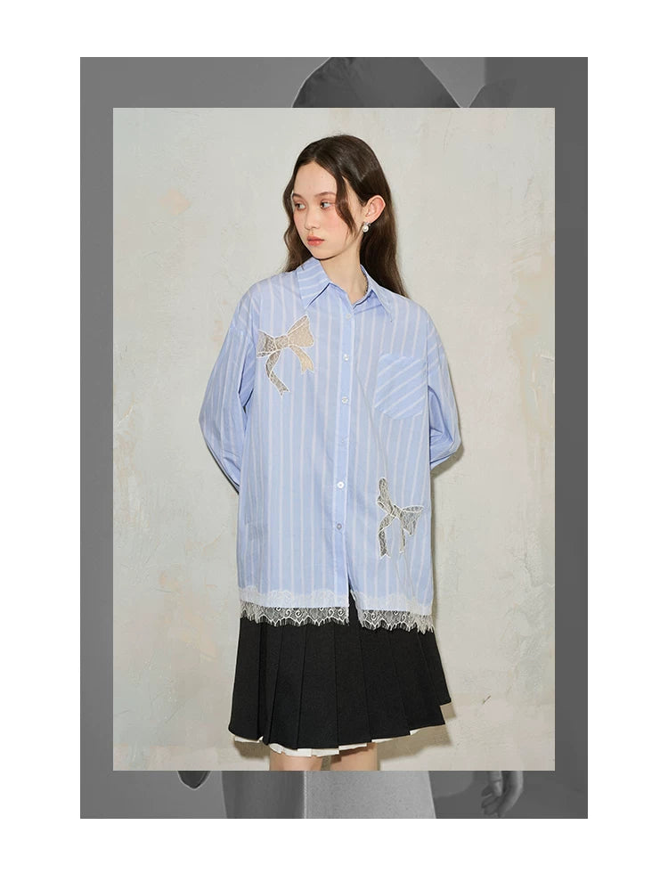 Stripe Lace Hollow Bow Long Sleeve Shirt
