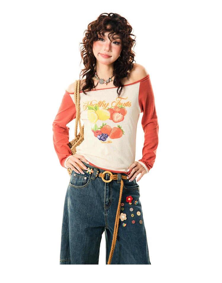 Fruit Graphic Print Off-Shoulder Fitted Long Sleeve T-Shirt