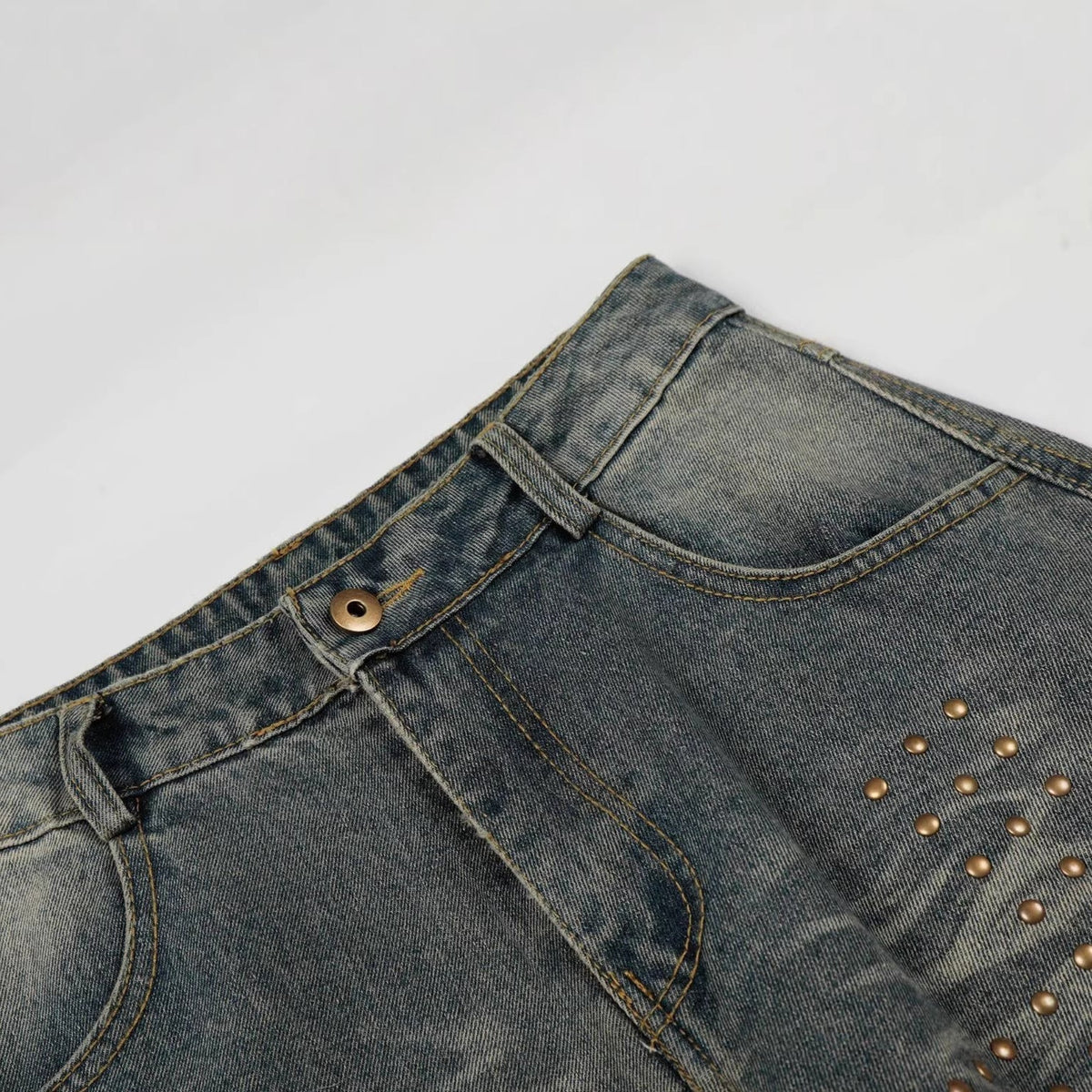Washed Whisker Cross Studs Wide Leg Denim Jeans