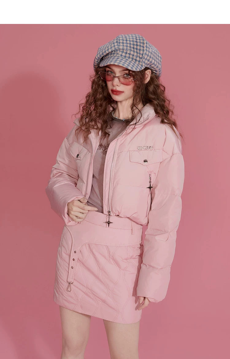 Ensemble veste courte légère en duvet de canard blanc et jupe