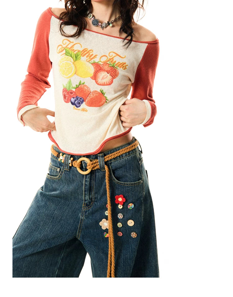 Fruit Graphic Print Off-Shoulder Fitted Long Sleeve T-Shirt