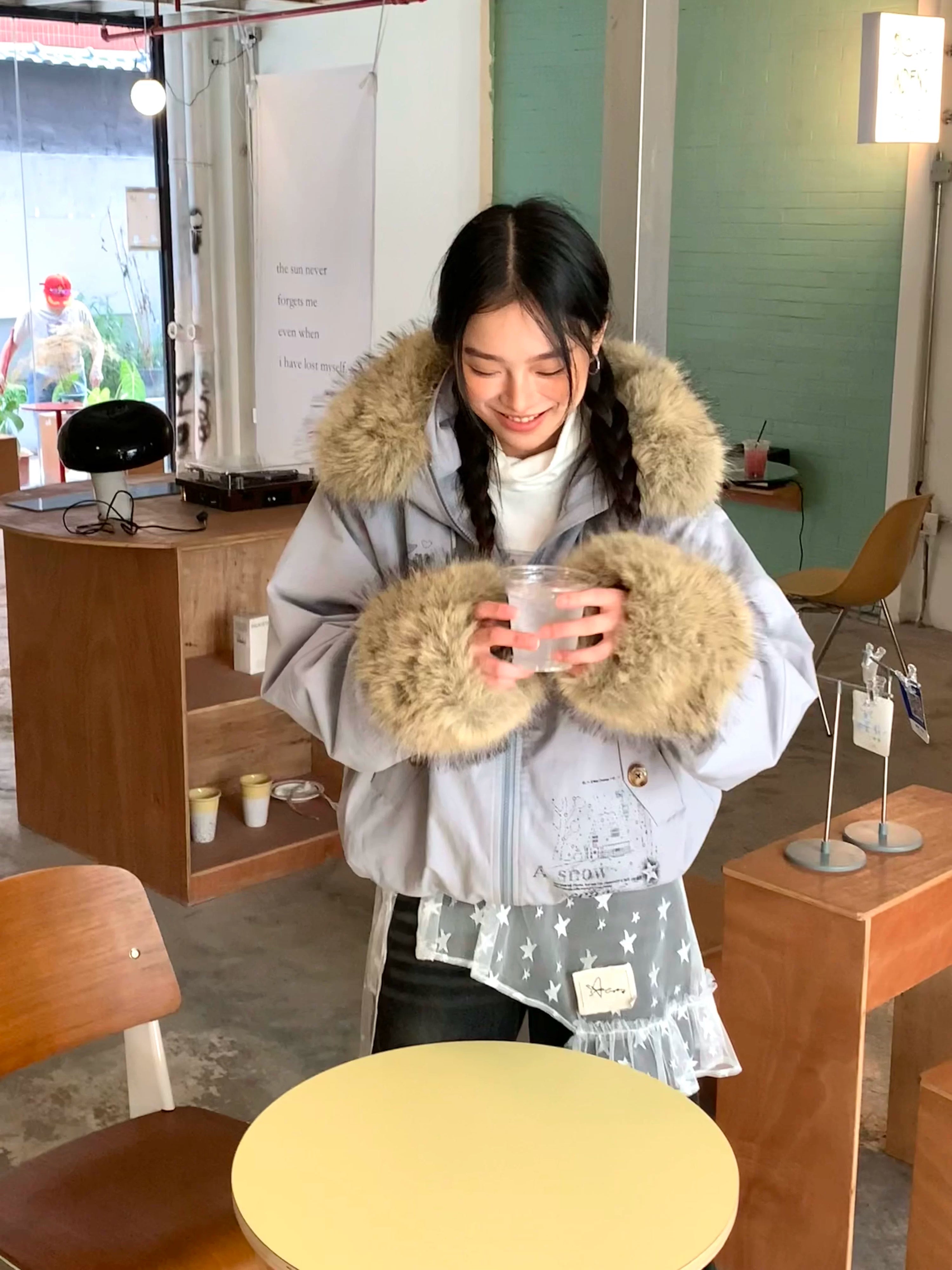 Fake Fur Trim Graphic Print Oversize Hooded Jacket