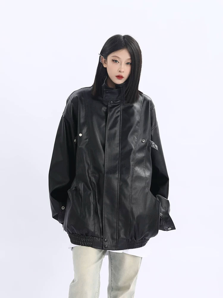 Oversized Standing-Collar PU Leather Jacket