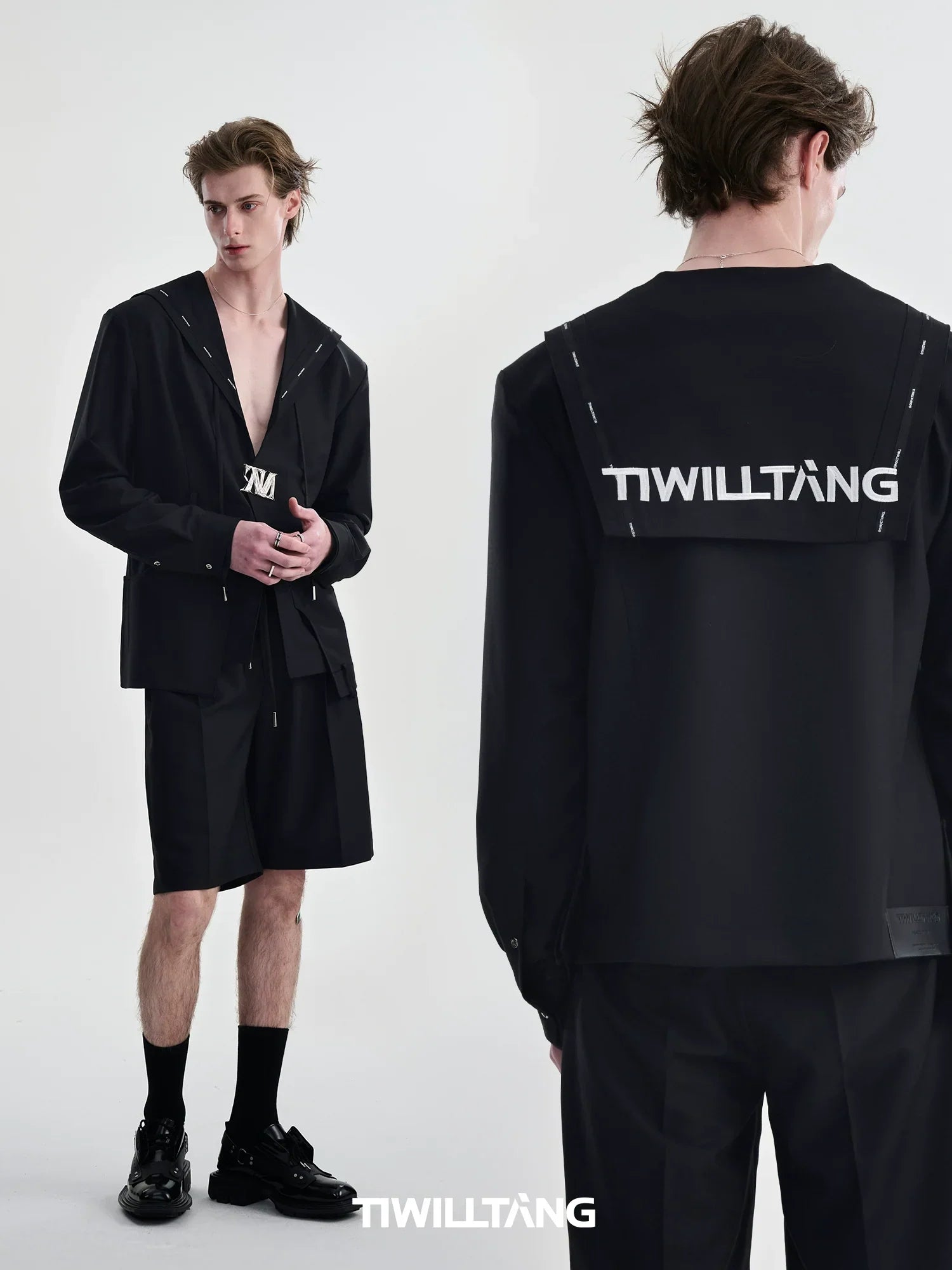 Sailor Collar V-neck Long Sleeve Shirt & Short Sleeve Shirt & Wide Leg Trousers & Short Trousers Setup