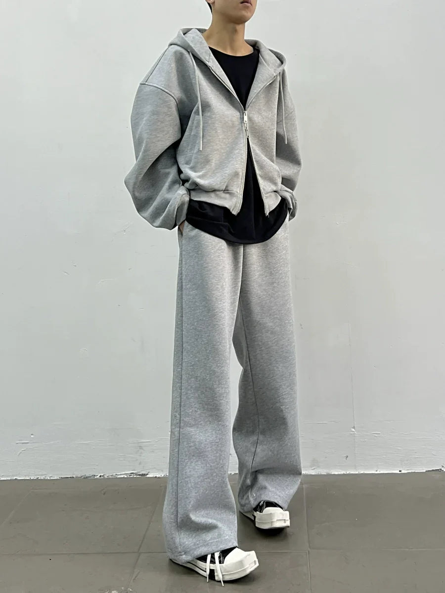 Oversize Short Zipper Hoodie & Wide-leg Straight Sweatpants Setup
