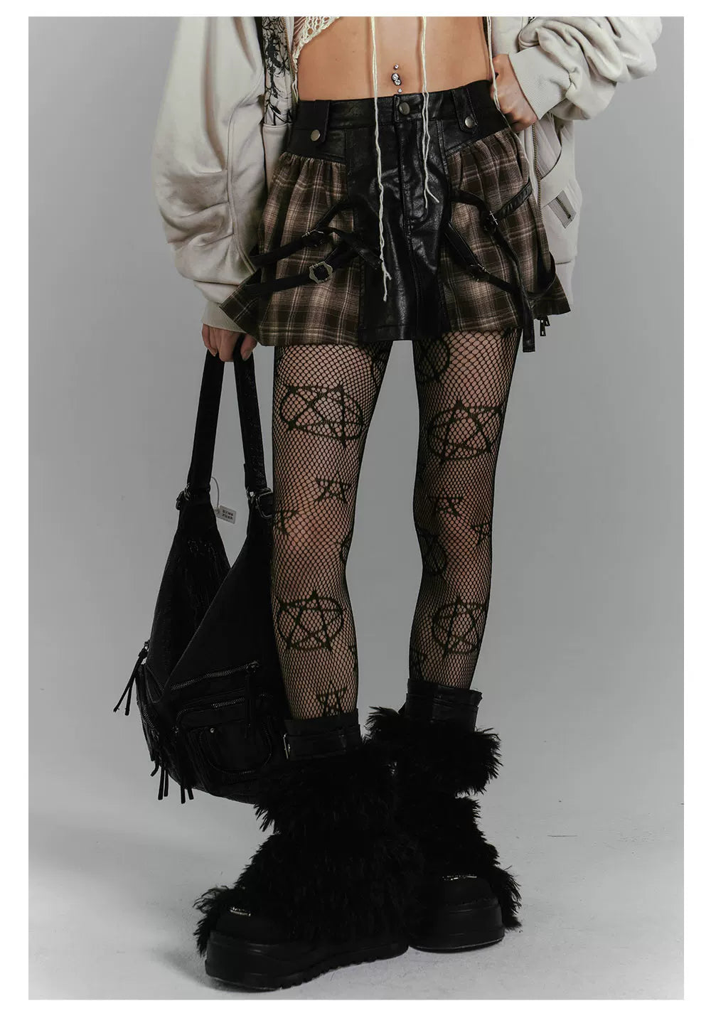 Plaid PU Leather Mix Patchwork Short Skirt