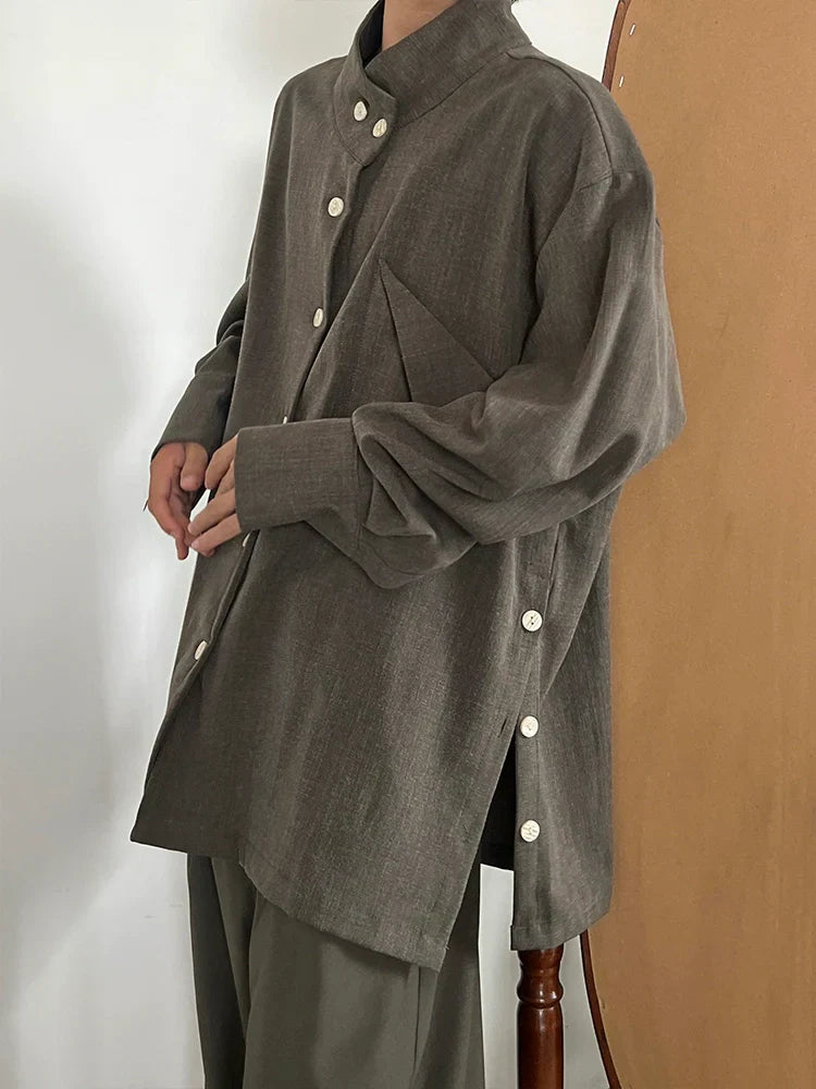 Standing-Collar Side Button Long Sleeve Shirt