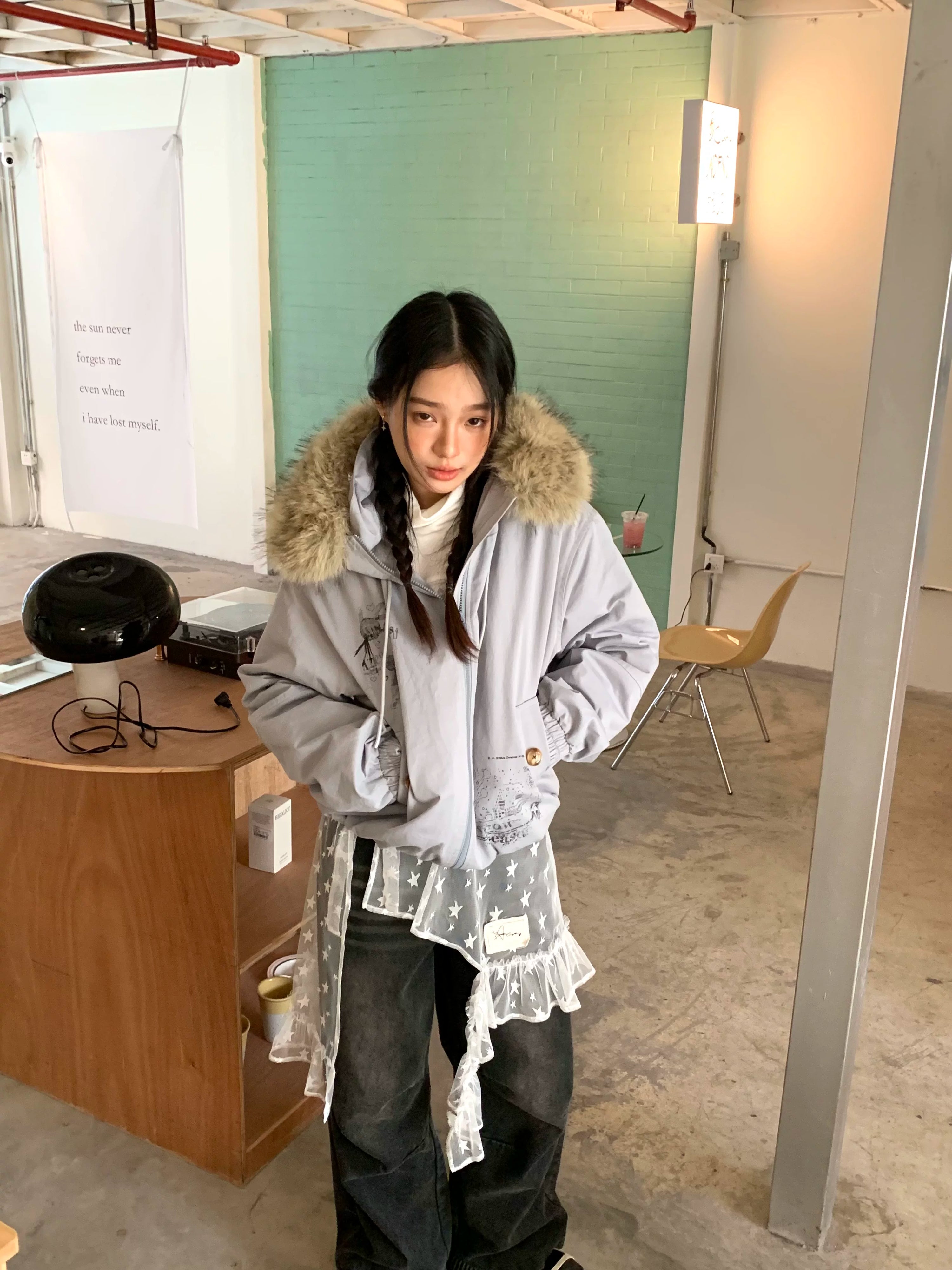 Fake Fur Trim Graphic Print Oversize Hooded Jacket