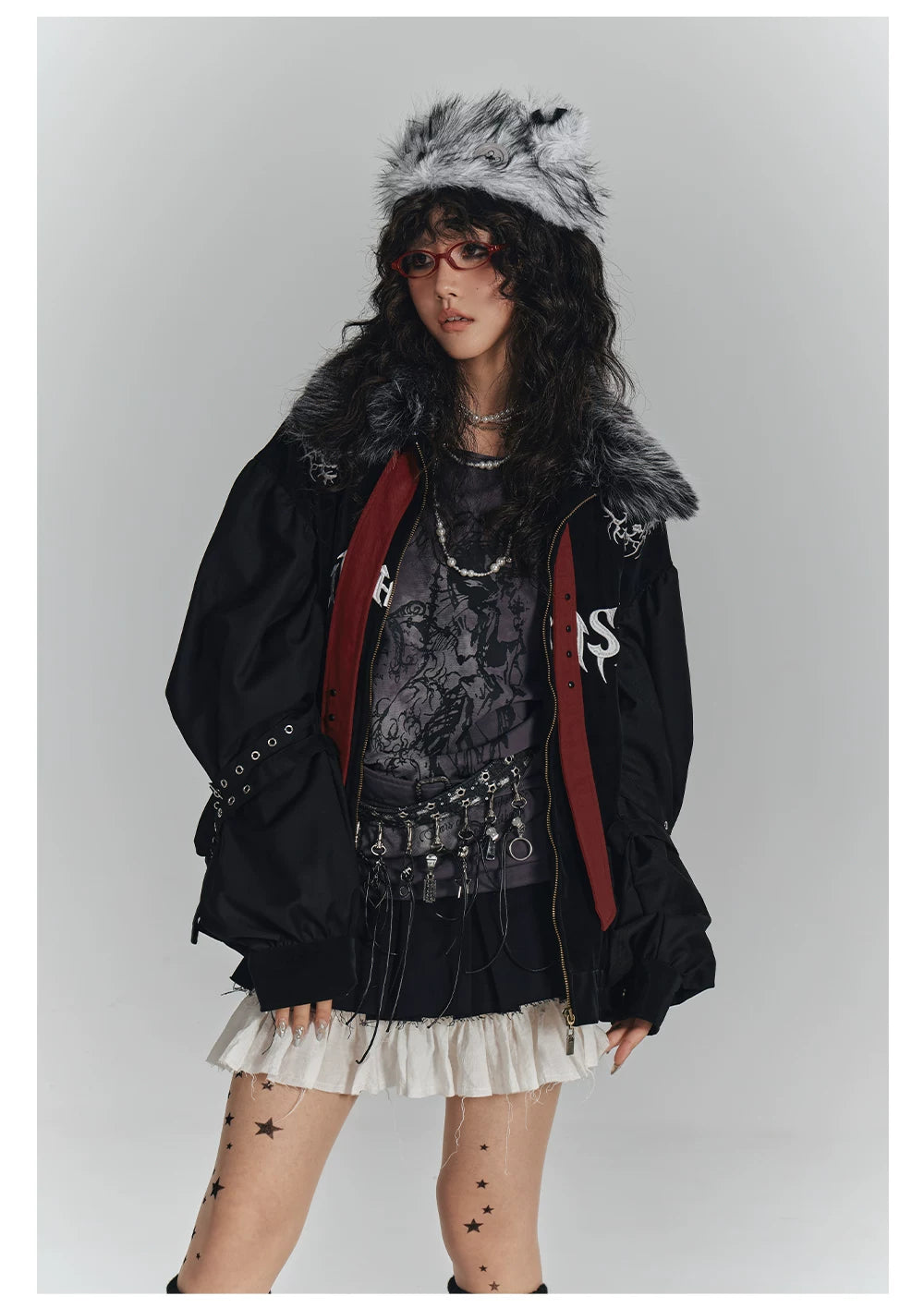 Embroidery Fur Collar Oversize Zipper Jacket