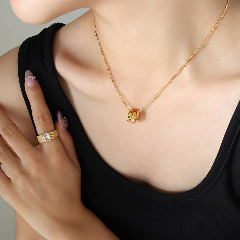 Gold Plated Interlocking Circles Pendant Necklace with Green Gemstones, Fashionable Jewelry for Women, Trendy Layered Necklace Design, Popular Choice for Gifts, Best Seller in Stylish Accessories, Ideal for Layering.