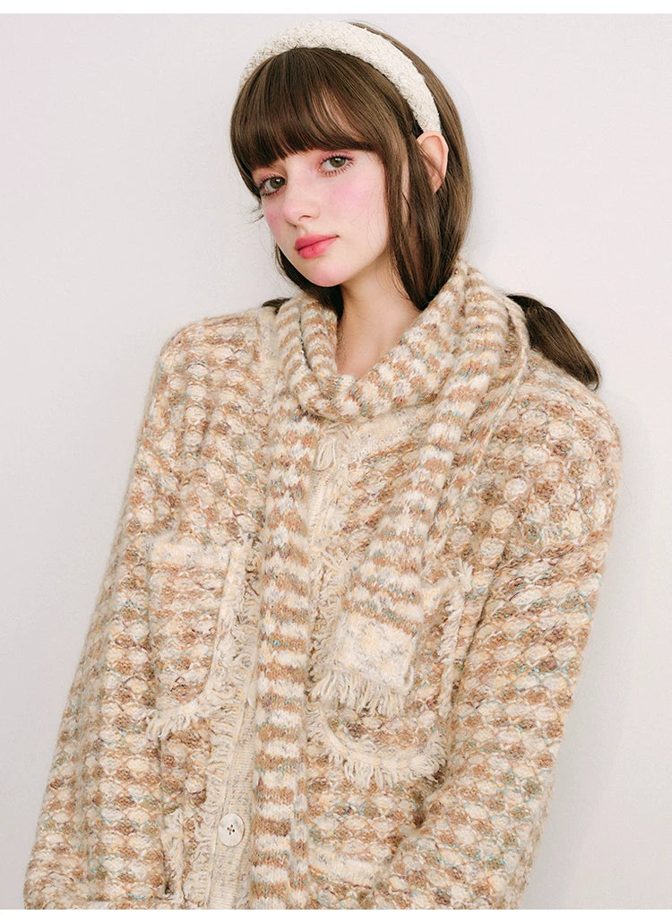 Plaid Button Cardigan & Scarf & Long Skirt Setup