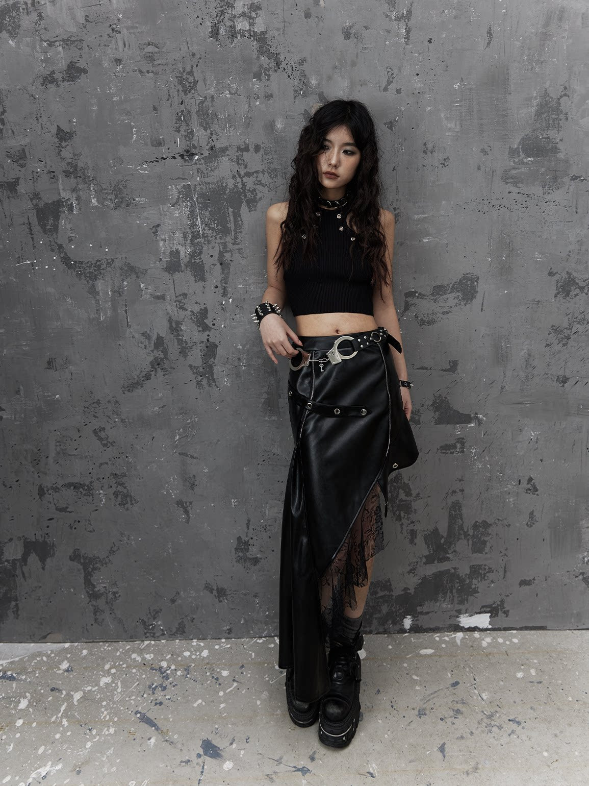 Asymmetric PU Leather Mesh Patchwork Skirt