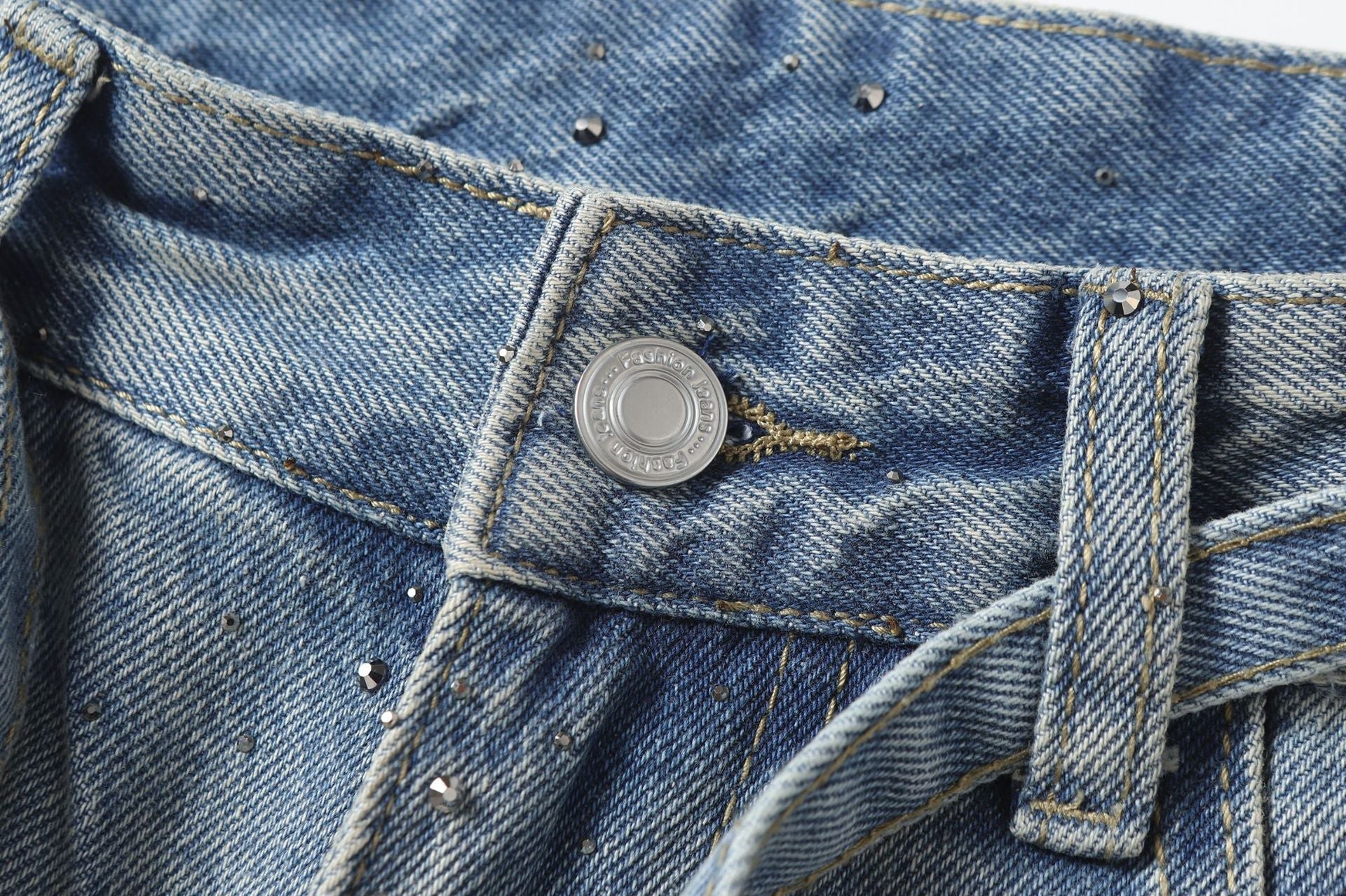 Rhinestone Drawstring Wide Leg Denim Jeans