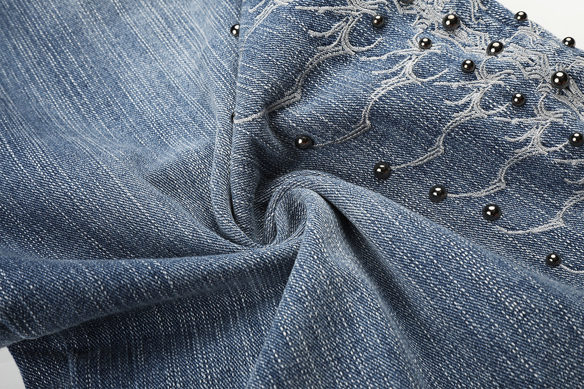 Embroidery Bead Wide Leg Short Denim Pants