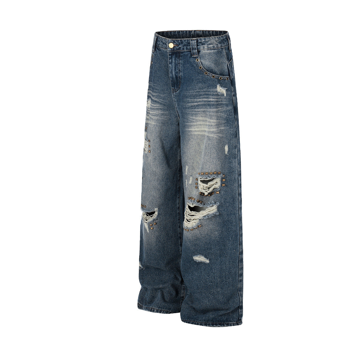 Wash Rivet Damage Wide Leg Denim Jeans