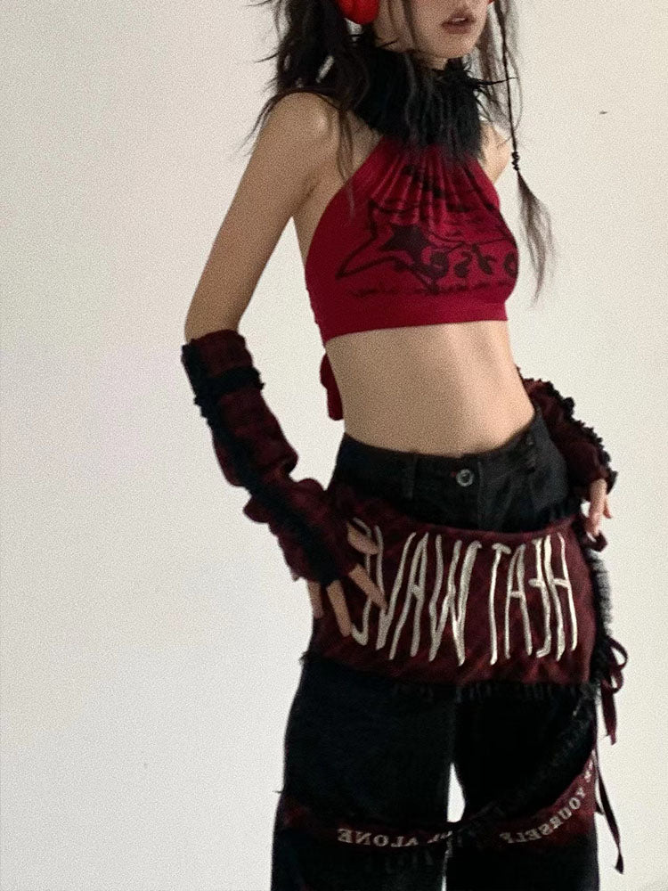 Red & Black Rock-Inspired Detachable Fur Collar Two-Way Camisole