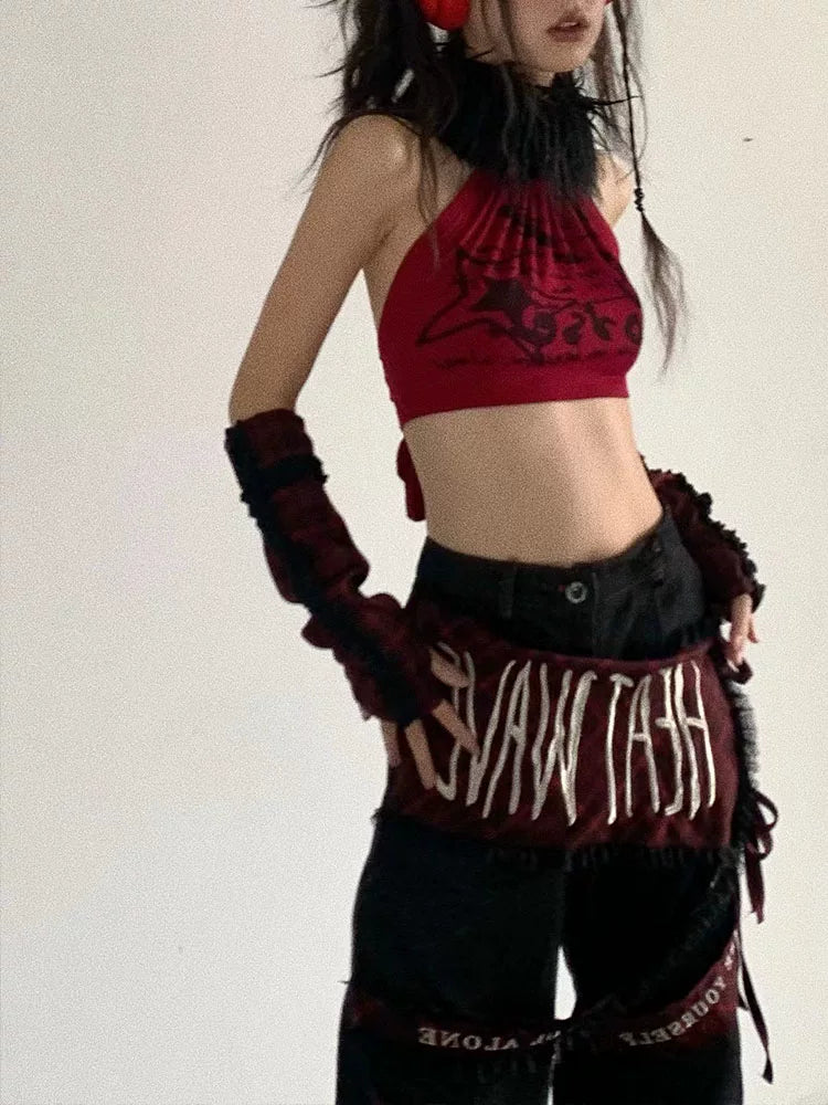 Red & Black Rock-Inspired Detachable Fur Collar Two-Way Camisole
