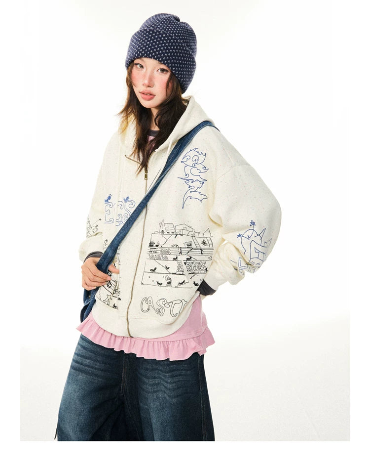 Graphic Print Oversize Zipper Hoodie