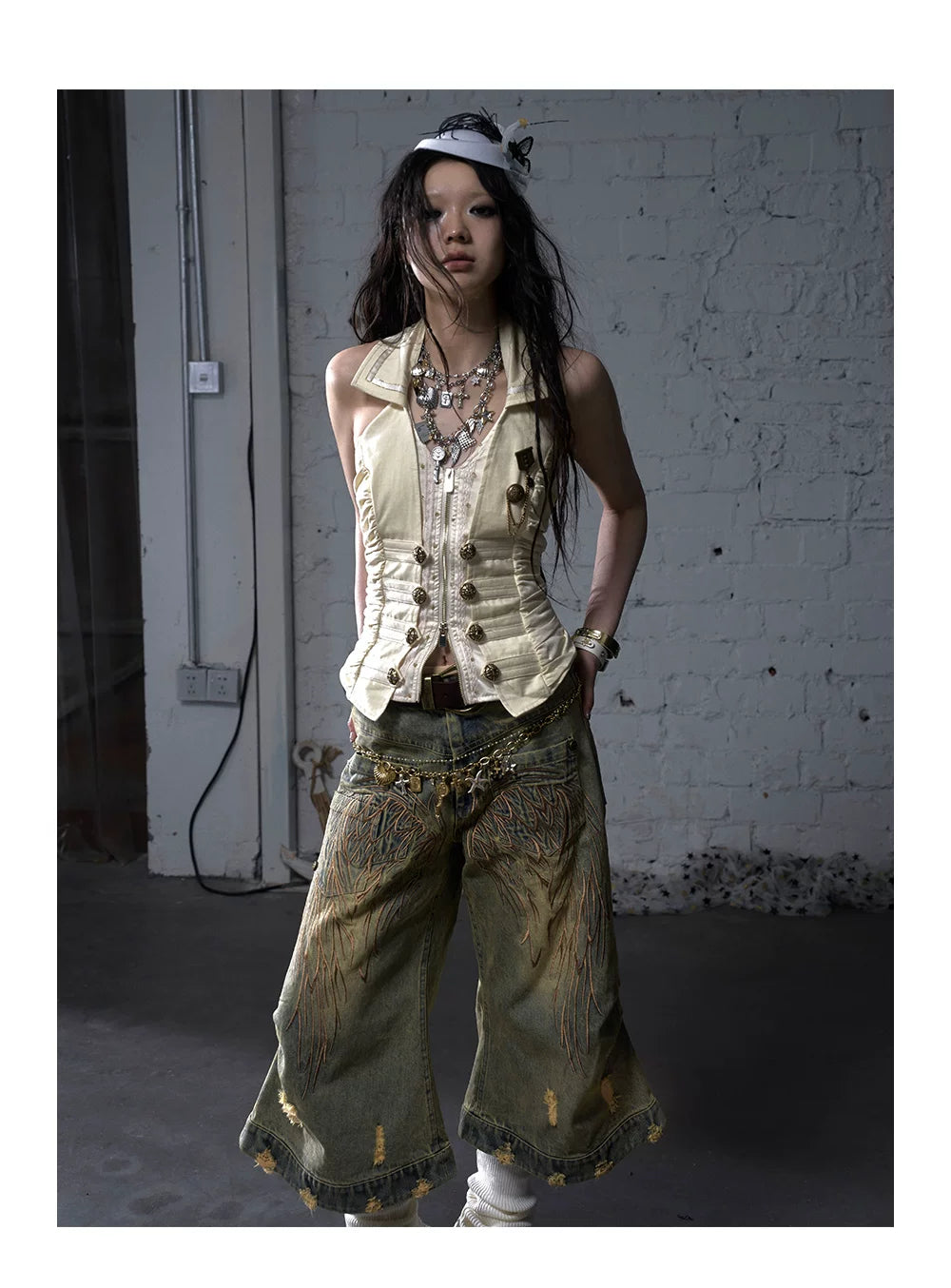 V-Neck Fake Layered Waist-Fit Tank Top