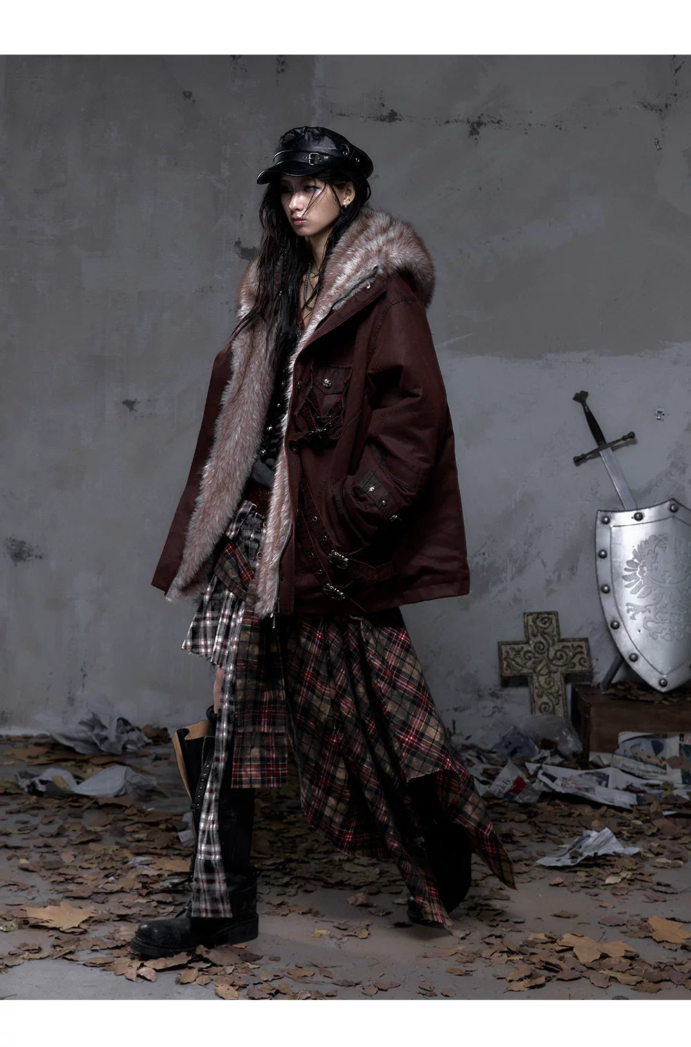 Fake Fur Hooded Multi-Pocket Buckle Detail Jacket