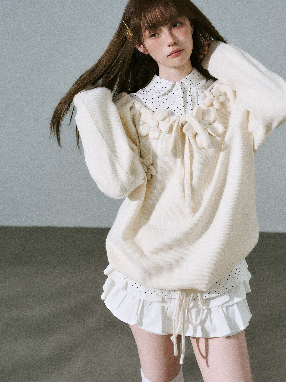 Flower Applique Drawstring Detail Sweatshirt