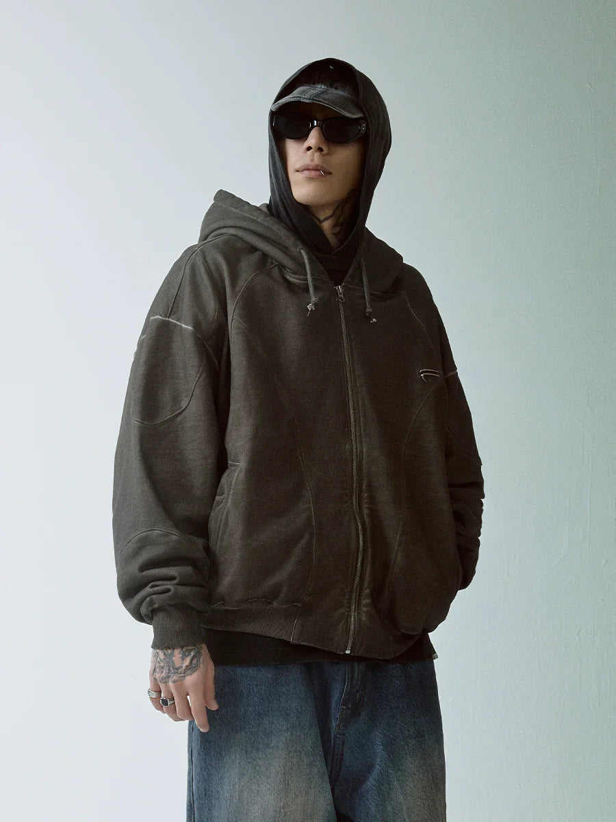Oversize-Kapuzenjacke mit Reißverschluss und gewaschenem Fleecefutter
