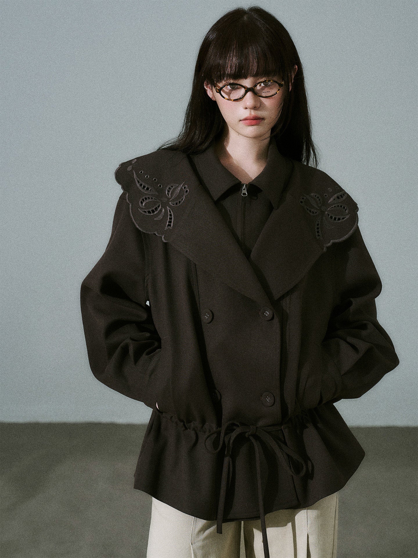 Embroidery Collar Drawstring Waist Double-Breasted Jacket