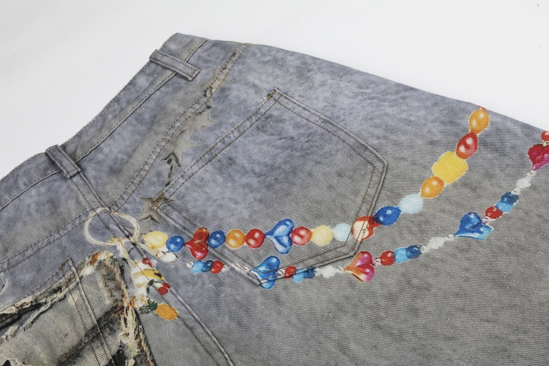 Washed Damage Embroidery Wide Leg Denim Jeans
