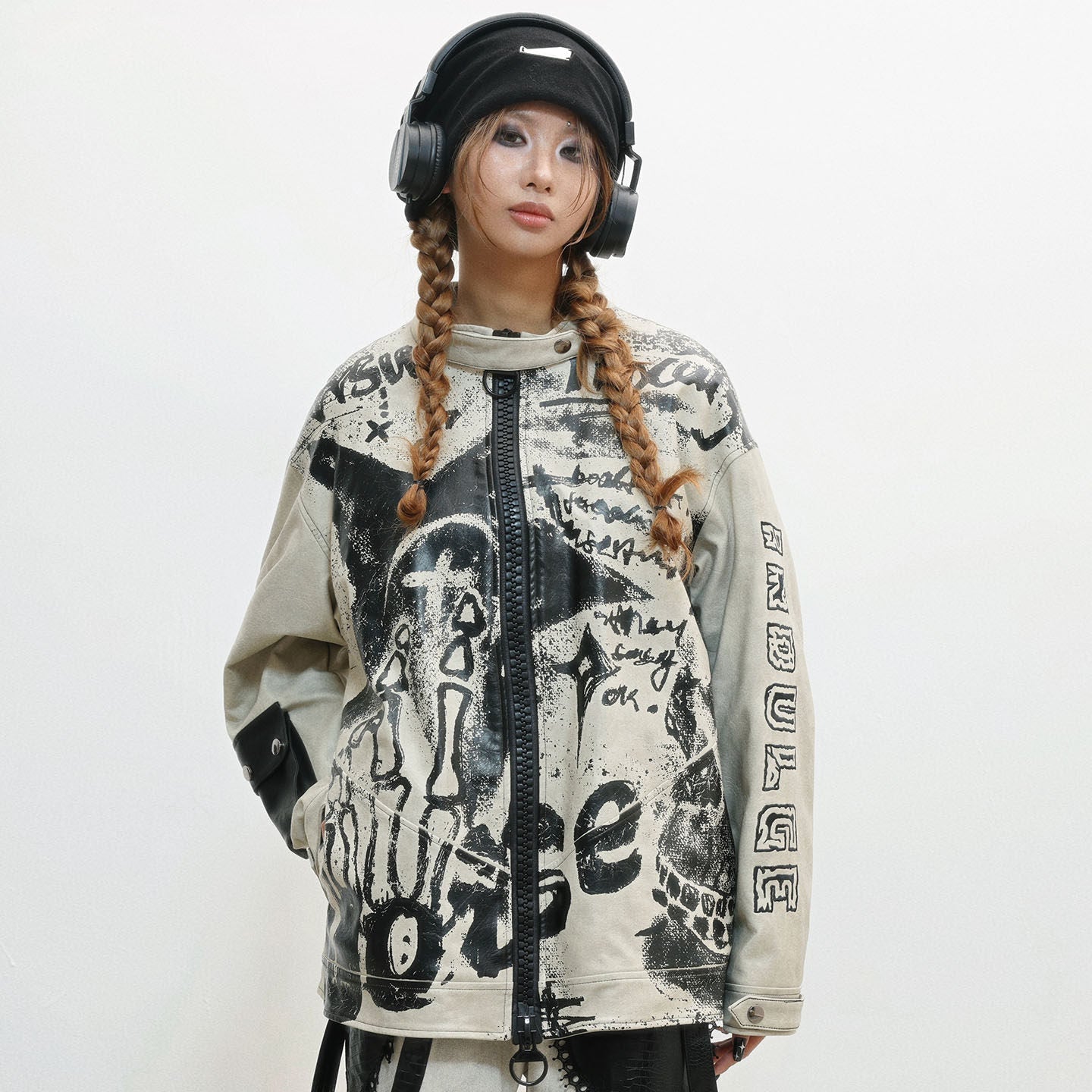 Damage Print Thick PU Leather Jacket