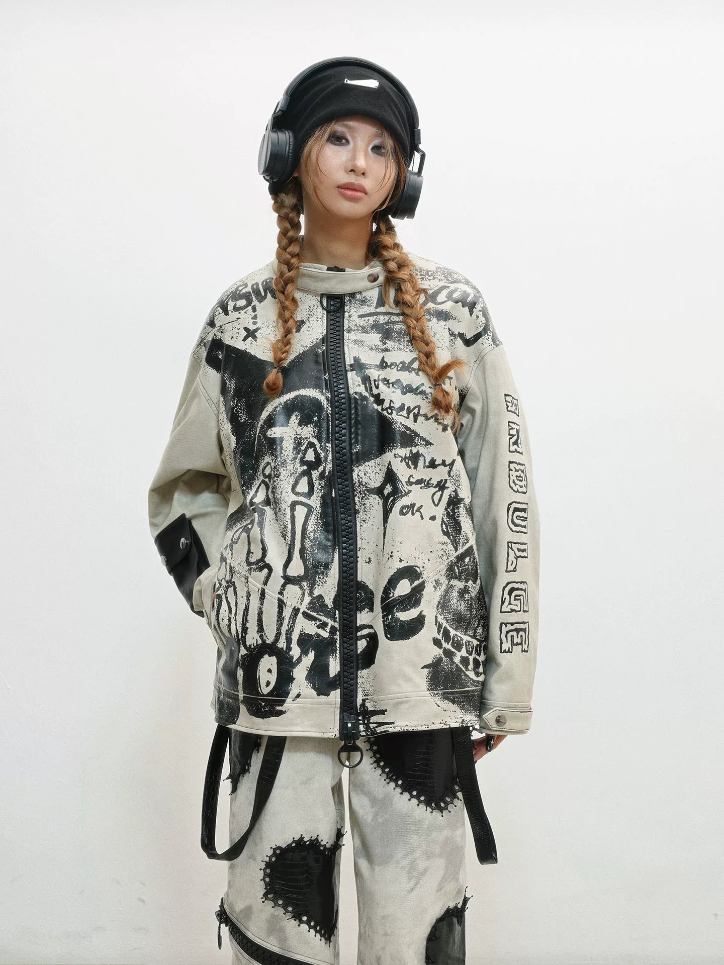 Damage Print Thick PU Leather Jacket